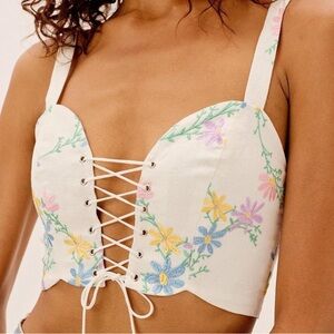 For love & lemons Floral Embroidered Lace-Up Crop Top
